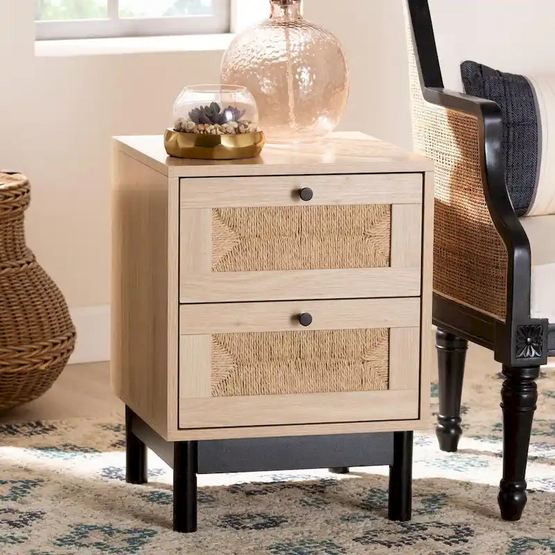 Mid-Century Modern Light Brown and Black 2-Drawer End Table