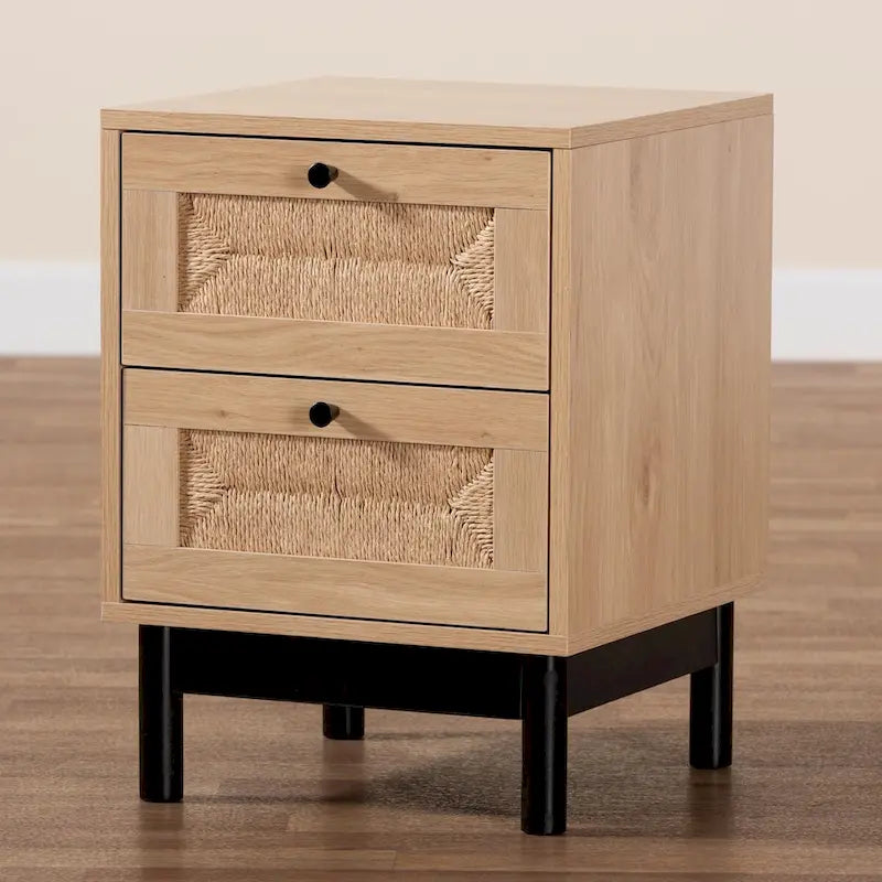 Mid-Century Modern Light Brown and Black 2-Drawer End Table
