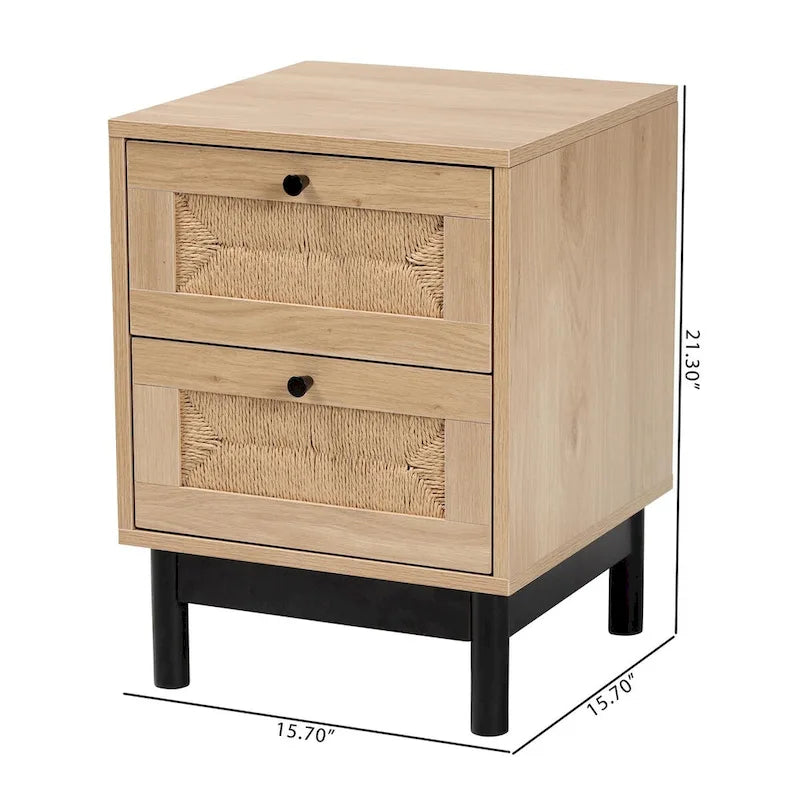 Mid-Century Modern Light Brown and Black 2-Drawer End Table