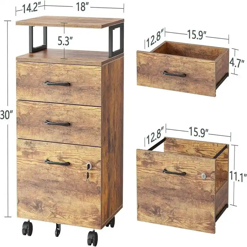 3-Drawer Rolling Filing Cabinet - 6.3D x 30.12W x 21.65H