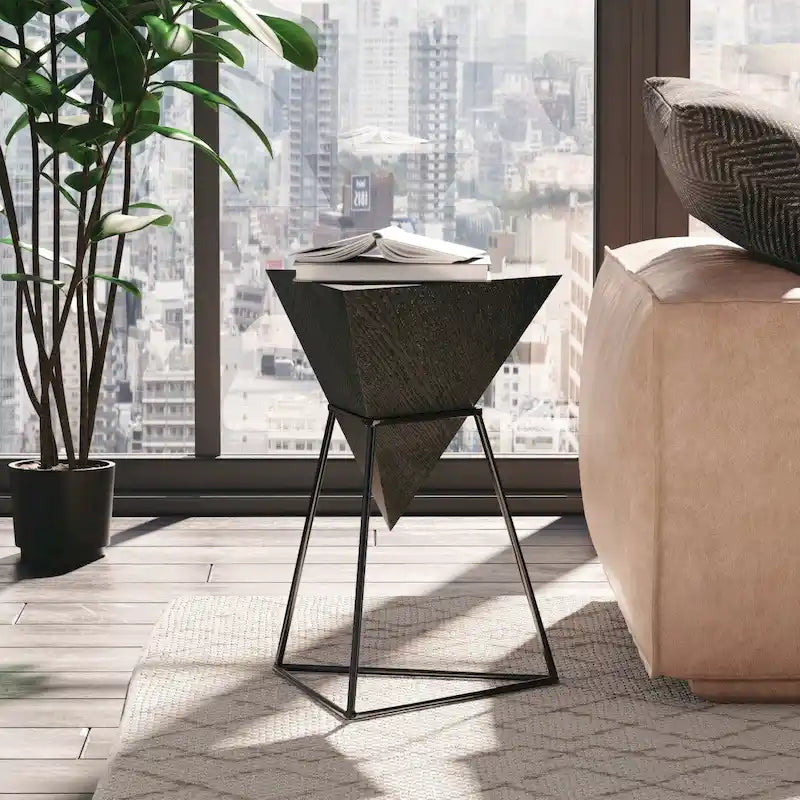 Modern Geometric End Table with Wooden Top and Metal Base, Unique Pyramid Side Table Plant Stand for Office, Triangle