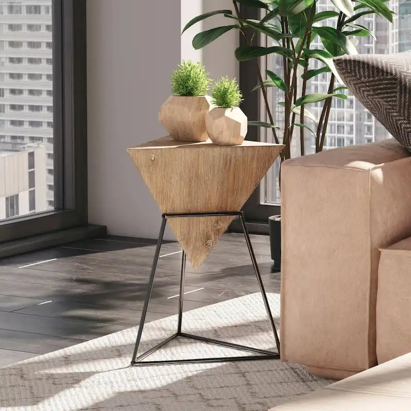 Modern Geometric End Table with Wooden Top and Metal Base, Unique Pyramid Side Table Plant Stand for Office, Triangle