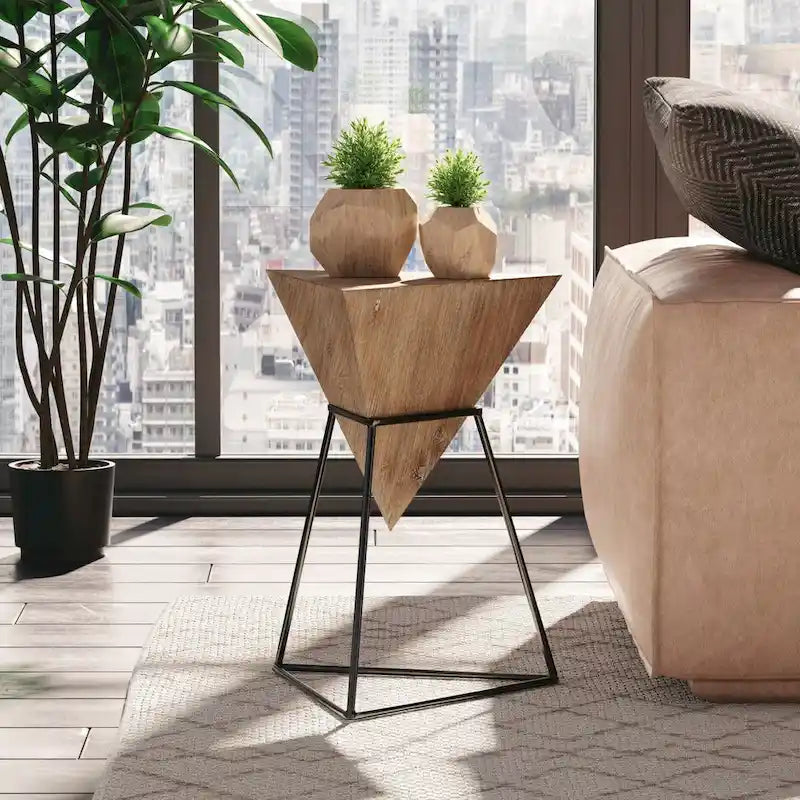 Modern Geometric End Table with Wooden Top and Metal Base, Unique Pyramid Side Table Plant Stand for Office, Triangle