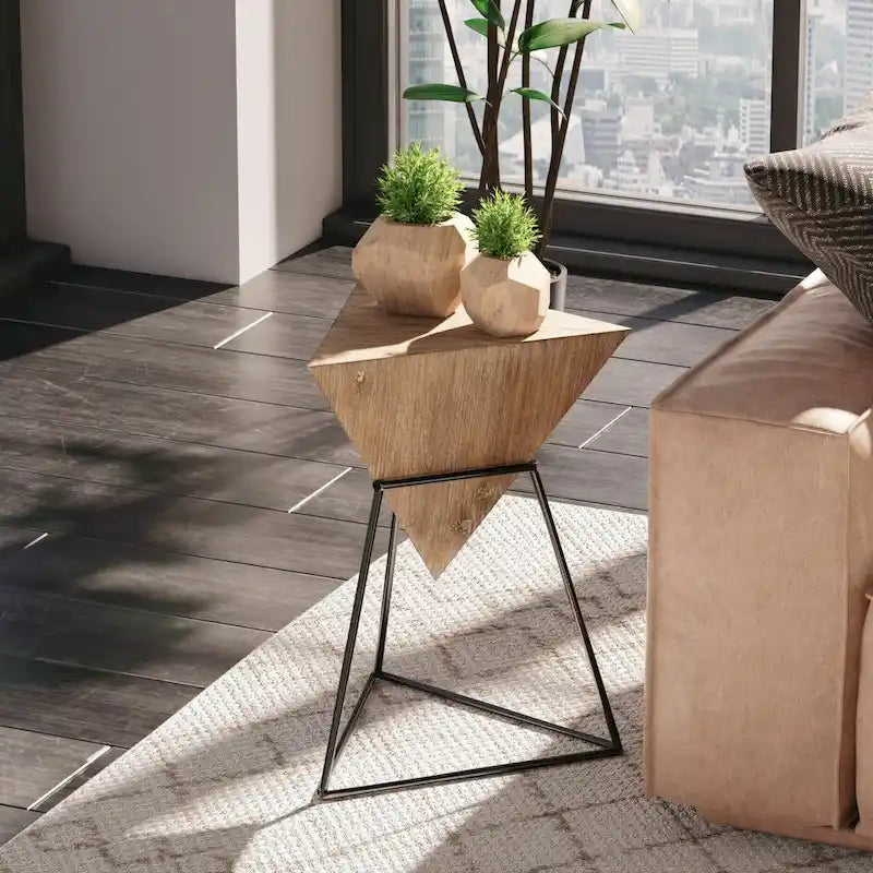 Modern Geometric End Table with Wooden Top and Metal Base, Unique Pyramid Side Table Plant Stand for Office, Triangle
