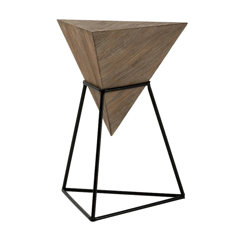 Modern Geometric End Table with Wooden Top and Metal Base, Unique Pyramid Side Table Plant Stand for Office, Triangle