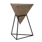 Tavolino moderno geometrico con piano in legno e base in metallo, esclusivo tavolino laterale a forma di piramide e portapiante per ufficio, triangolare