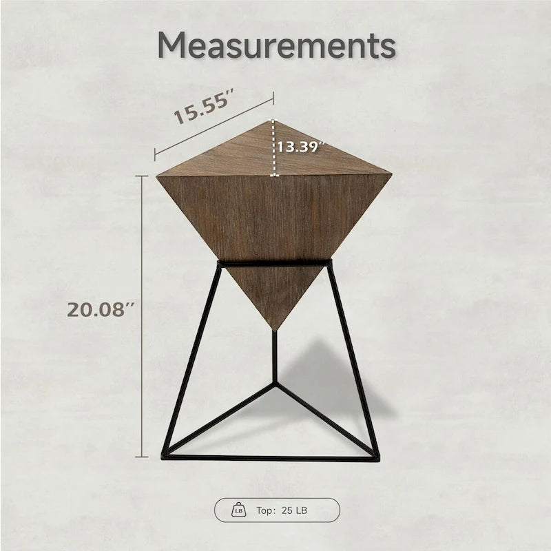 Modern Geometric End Table with Wooden Top and Metal Base, Unique Pyramid Side Table Plant Stand for Office, Triangle