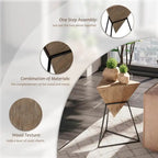 Tavolino moderno geometrico con piano in legno e base in metallo, esclusivo tavolino laterale a forma di piramide e portapiante per ufficio, triangolare