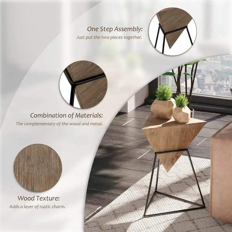 Modern Geometric End Table with Wooden Top and Metal Base, Unique Pyramid Side Table Plant Stand for Office, Triangle