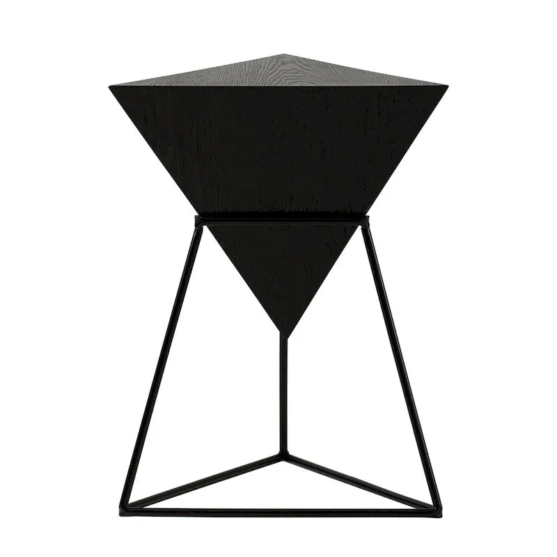 Modern Geometric End Table with Wooden Top and Metal Base, Unique Pyramid Side Table Plant Stand for Office, Triangle