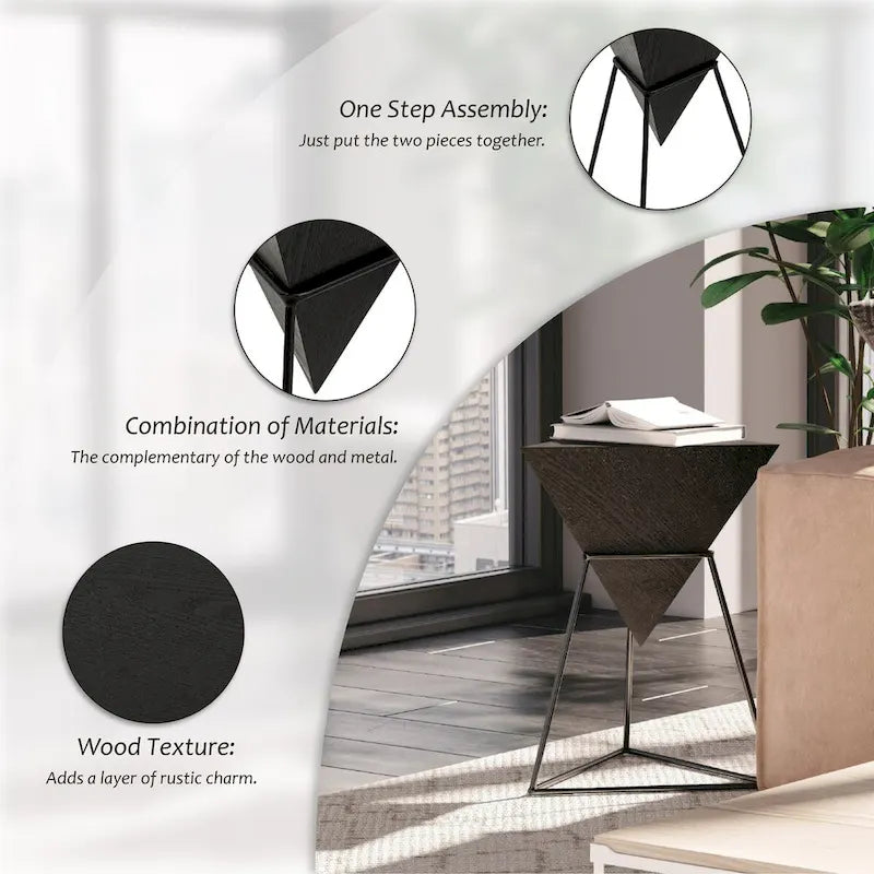 Modern Geometric End Table with Wooden Top and Metal Base, Unique Pyramid Side Table Plant Stand for Office, Triangle