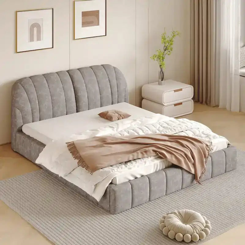 Queen Size Upholstered Platform Bed with Thick Fabric